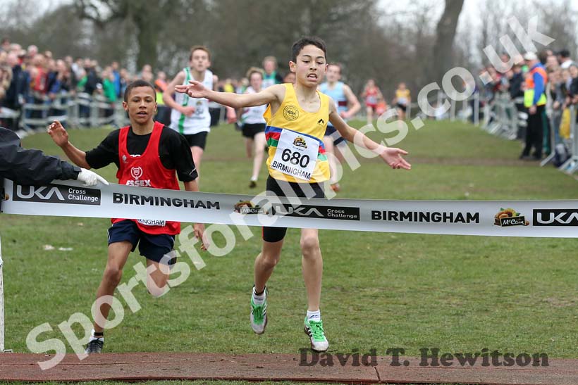 Markhim Lonsdale (North East) beats Canaan Solomon in the Under-13 Boys race, McCain Inter Counties Cross Country, Cofton Park, Birmingham.